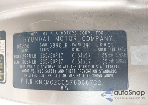 2007 Hyundai Entourage Gls/Limited/Se z USA, uszkodzony, nr VIN KNDMC233576036722